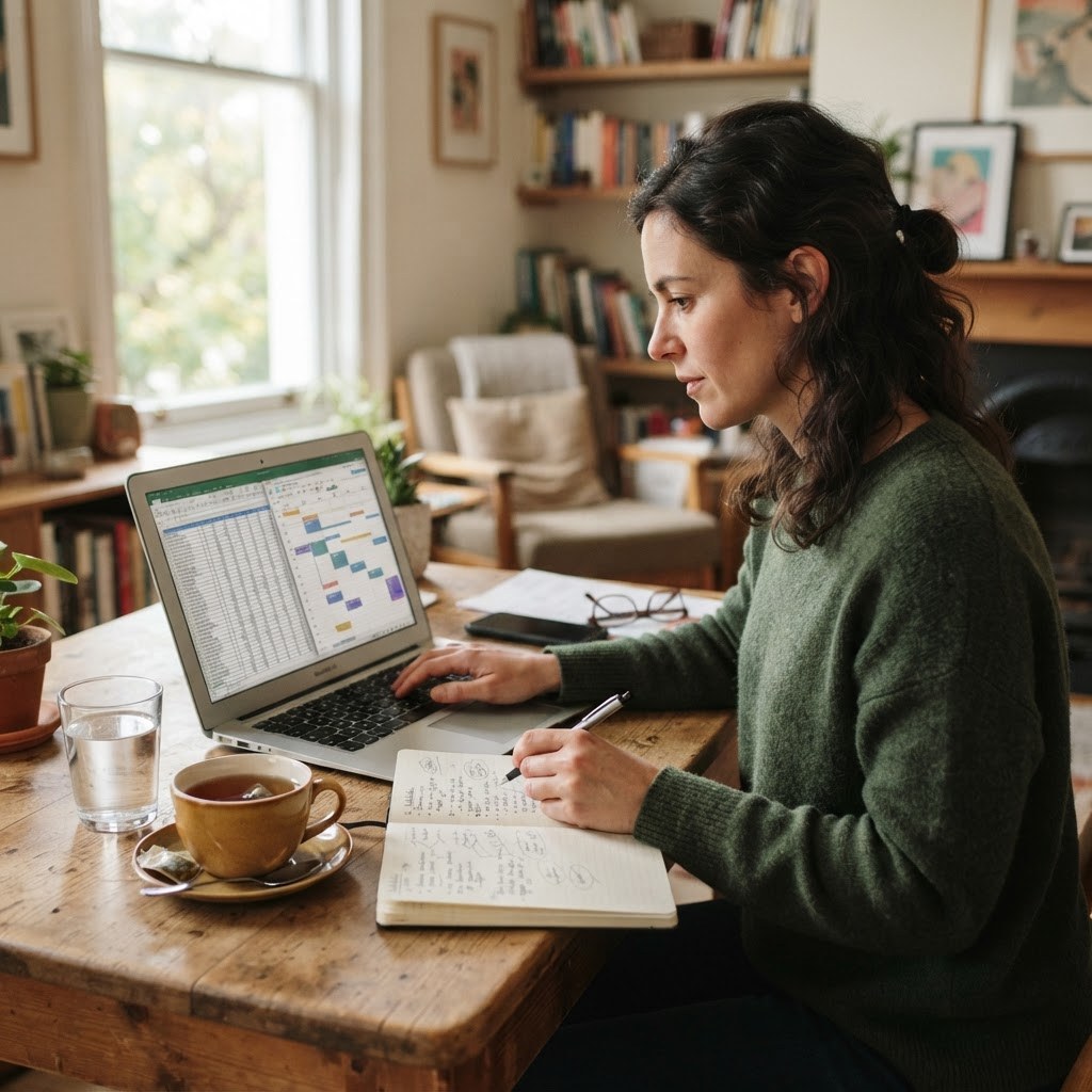 Independent consultant reviewing a spreadsheet and calendar