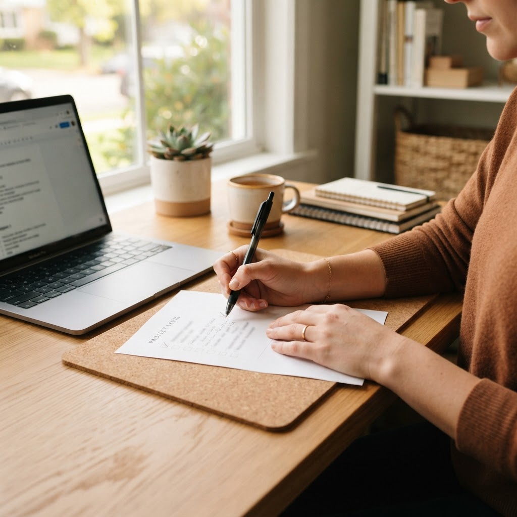 Small business owner reviewing a simple task checklist