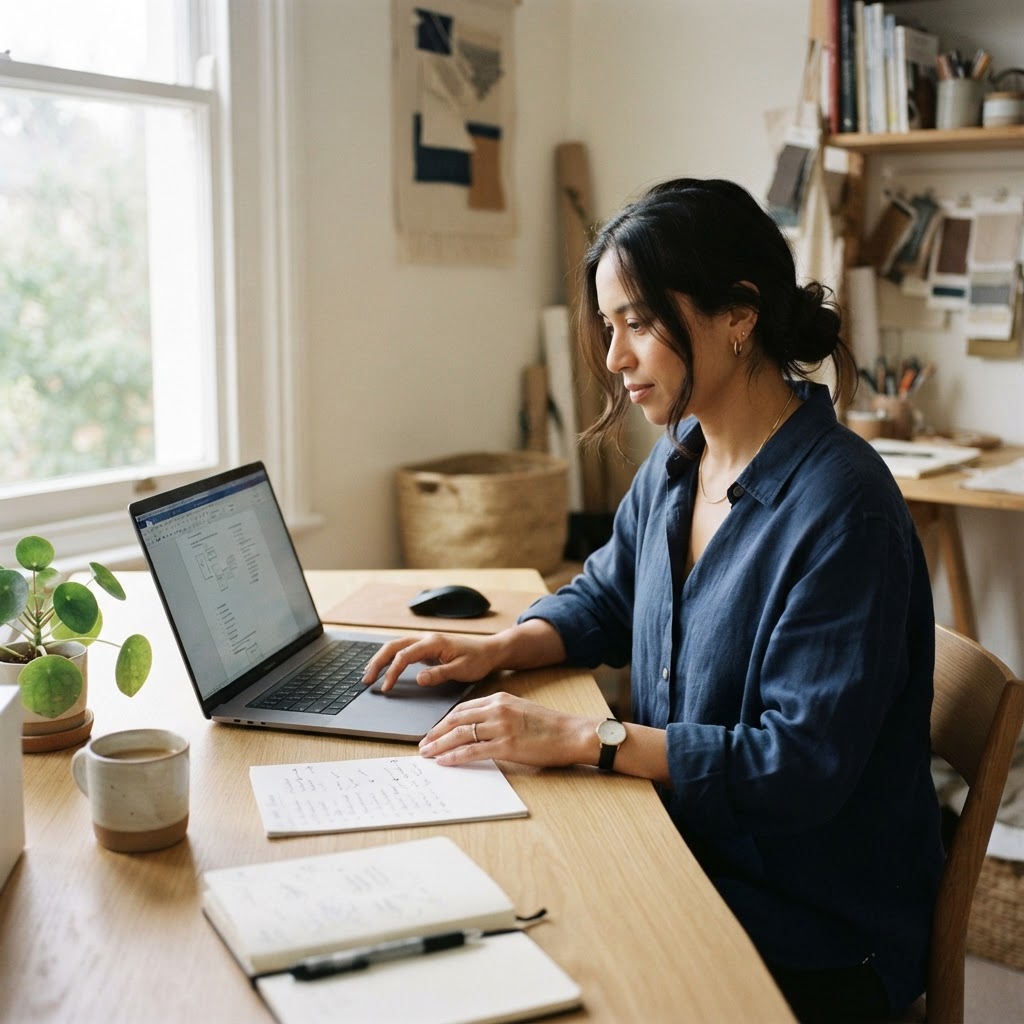 A freelancer documenting a repeatable workflow beside a laptop