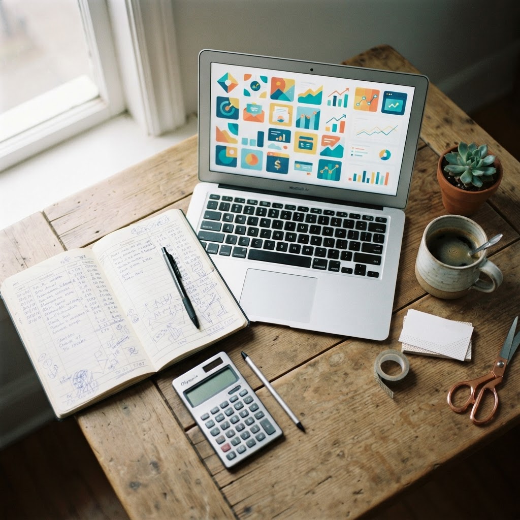 The 30-Minute SaaS Renewal Audit for Small Businesses Laptop and ledger for tracking recurring software costs