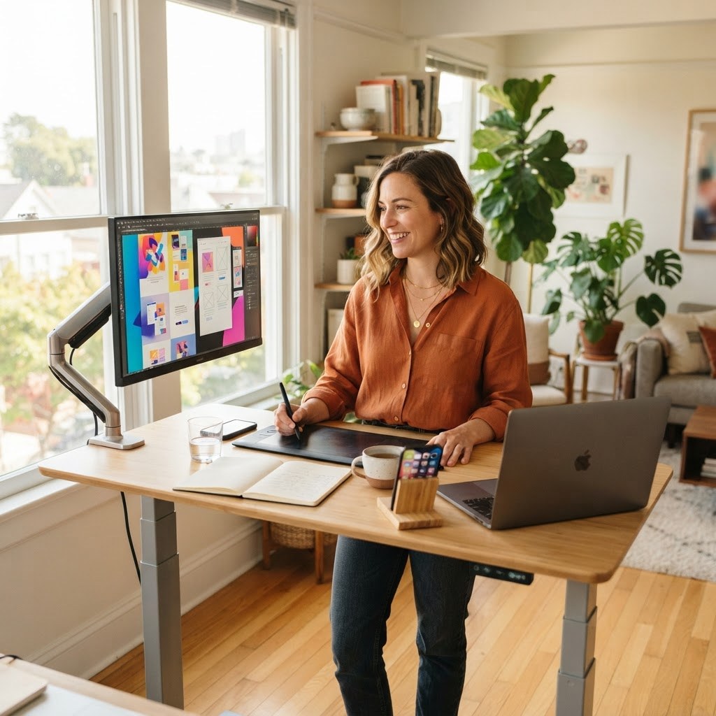 Free AI Tools for Small Business: The 10-Tool Stack That Runs a One-Person Company Small business owner using free AI design tools to create marketing graphics